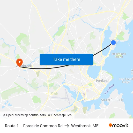 Route 1 + Foreside Common Rd to Westbrook, ME map