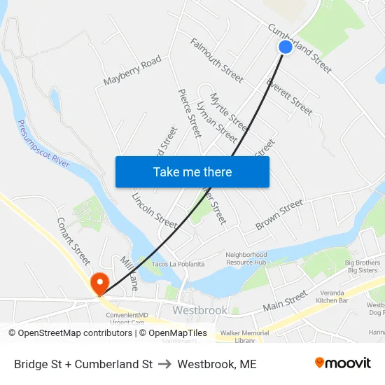 Bridge St + Cumberland St to Westbrook, ME map