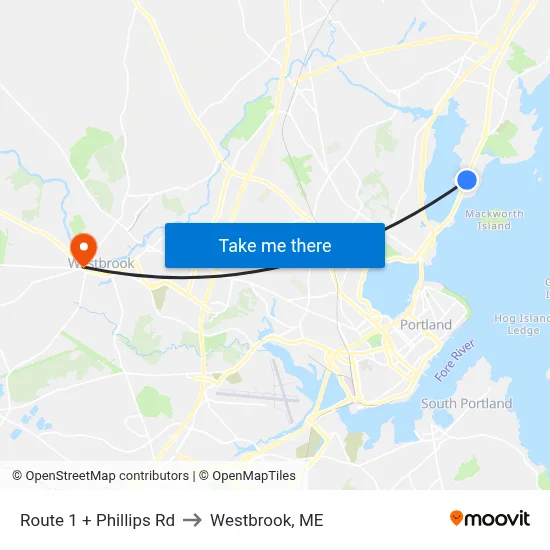 Route 1 + Phillips Rd to Westbrook, ME map