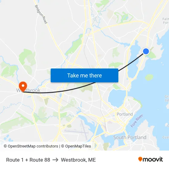 Route 1 + Route 88 to Westbrook, ME map
