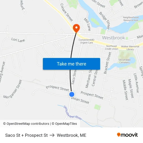 Saco St + Prospect St to Westbrook, ME map