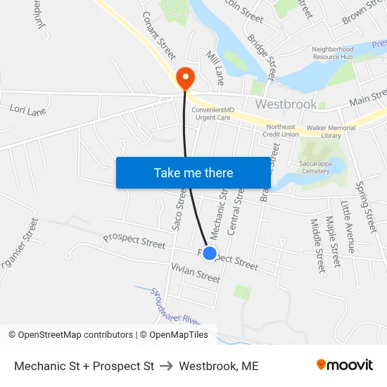 Mechanic St + Prospect St to Westbrook, ME map
