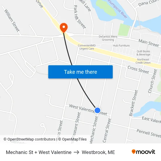 Mechanic St + West Valentine to Westbrook, ME map