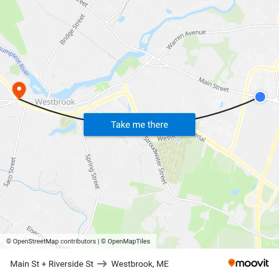 Main St + Riverside St to Westbrook, ME map