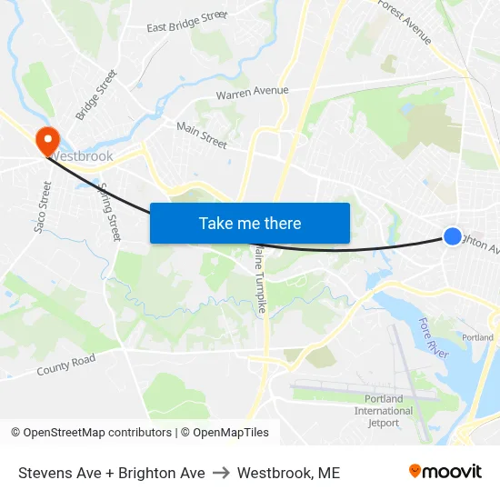 Stevens Ave + Brighton Ave to Westbrook, ME map
