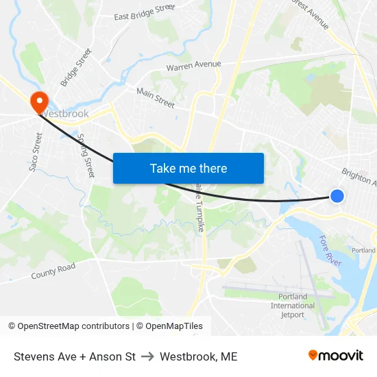 Stevens Ave + Anson St to Westbrook, ME map