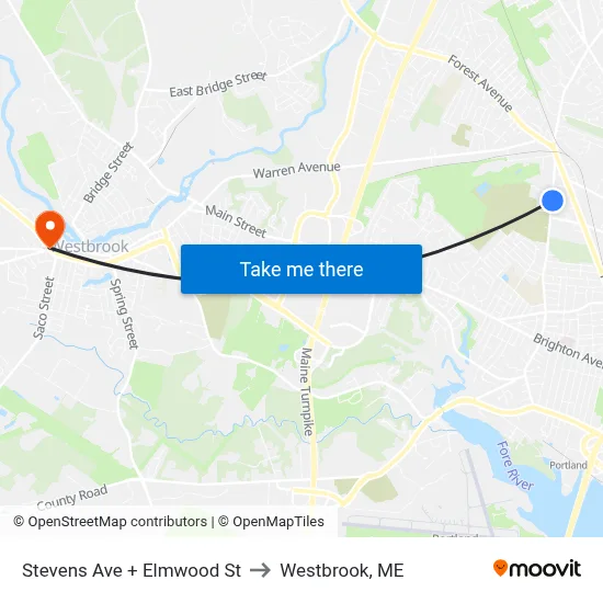 Stevens Ave + Elmwood St to Westbrook, ME map