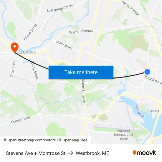 Stevens Ave + Montrose St to Westbrook, ME map