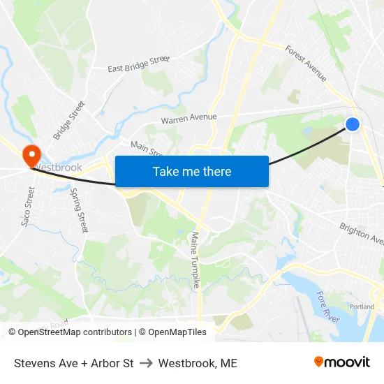 Stevens Ave + Arbor St to Westbrook, ME map