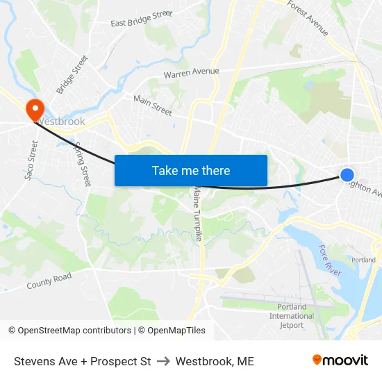 Stevens Ave + Prospect St to Westbrook, ME map