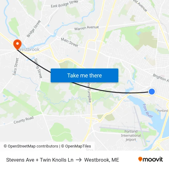 Stevens Ave + Twin Knolls Ln to Westbrook, ME map