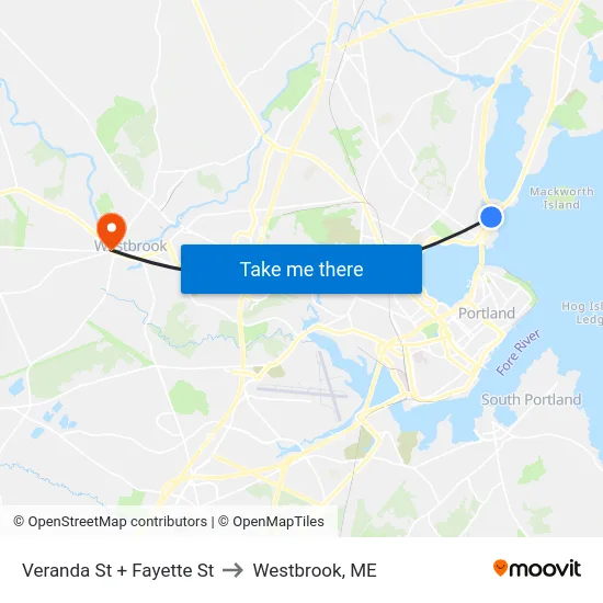 Veranda St + Fayette St to Westbrook, ME map