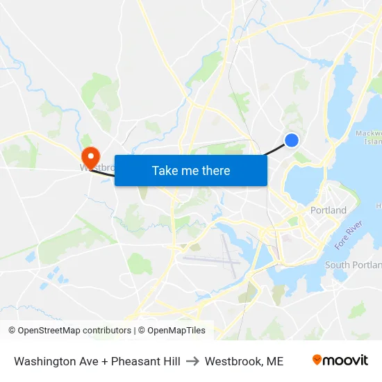 Washington Ave + Pheasant Hill to Westbrook, ME map