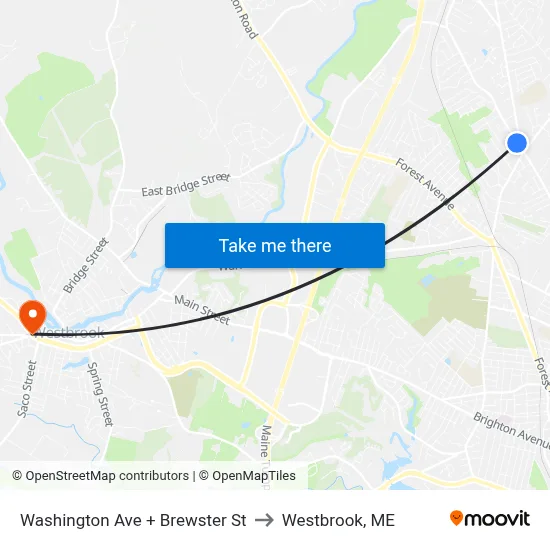 Washington Ave + Brewster St to Westbrook, ME map