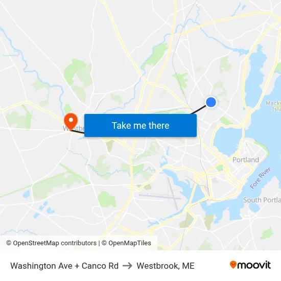 Washington Ave + Canco Rd to Westbrook, ME map