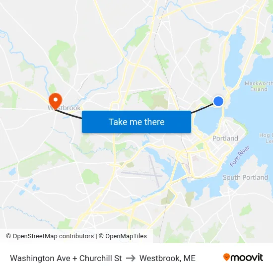 Washington Ave + Churchill St to Westbrook, ME map
