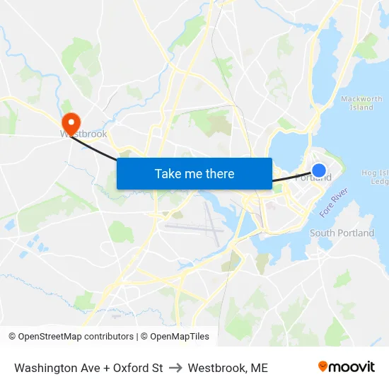 Washington Ave + Oxford St to Westbrook, ME map