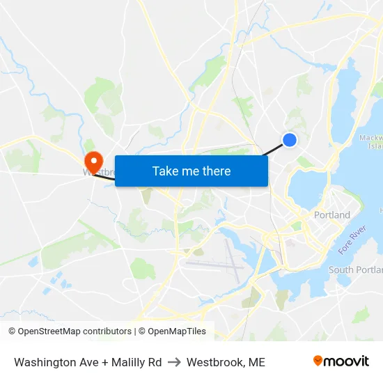 Washington Ave + Malilly Rd to Westbrook, ME map