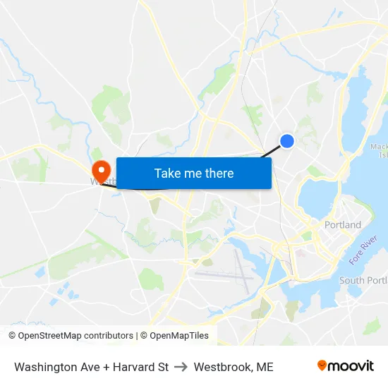 Washington Ave + Harvard St to Westbrook, ME map