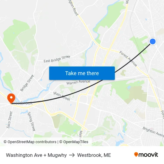 Washington Ave + Mugwhy to Westbrook, ME map