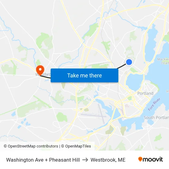 Washington Ave + Pheasant Hill to Westbrook, ME map