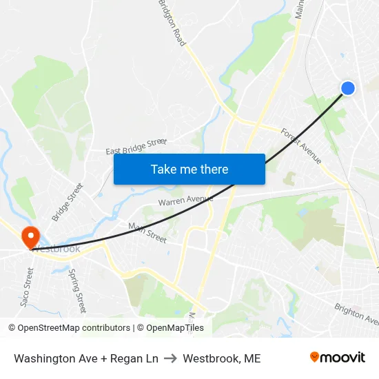 Washington Ave + Regan Ln to Westbrook, ME map