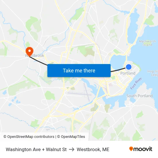 Washington Ave + Walnut St to Westbrook, ME map