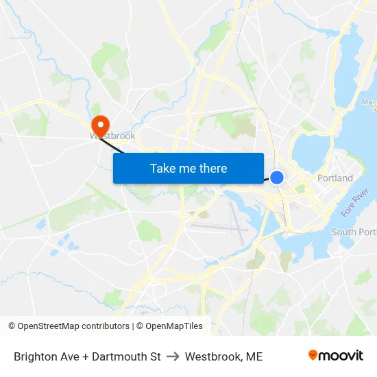 Brighton Ave + Dartmouth St to Westbrook, ME map