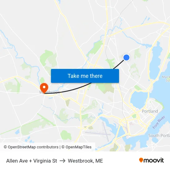 Allen Ave + Virginia St to Westbrook, ME map