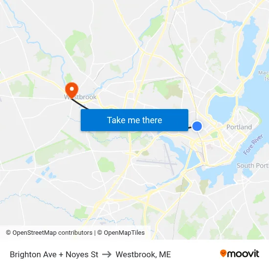 Brighton Ave + Noyes St to Westbrook, ME map