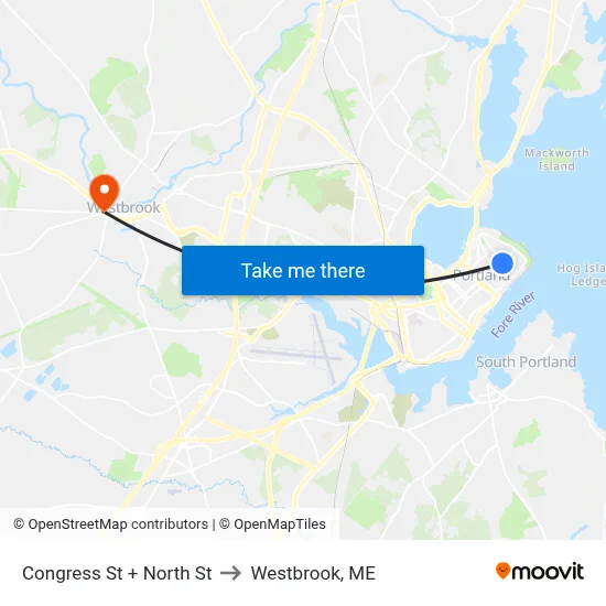 Congress St + North St to Westbrook, ME map