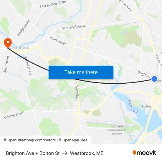 Brighton Ave + Bolton St to Westbrook, ME map