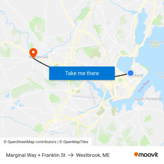 Marginal Way + Franklin St to Westbrook, ME map