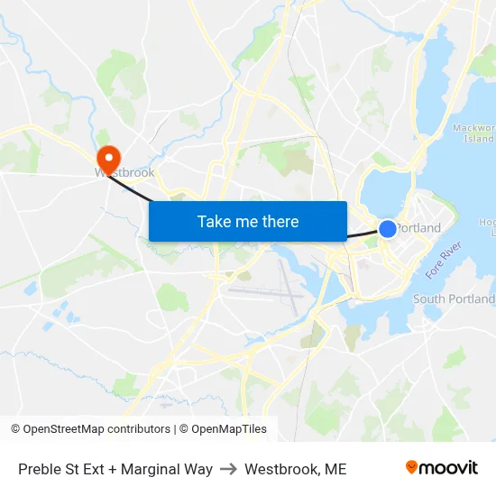 Preble St Ext + Marginal Way to Westbrook, ME map