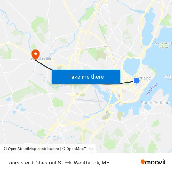Lancaster + Chestnut St to Westbrook, ME map