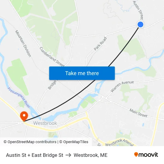 Austin St + East Bridge St to Westbrook, ME map