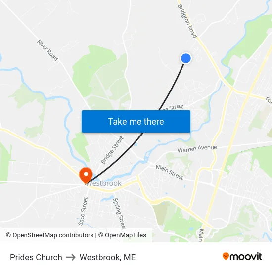 Prides Church to Westbrook, ME map