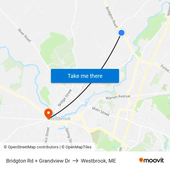 Bridgton Rd + Grandview Dr to Westbrook, ME map