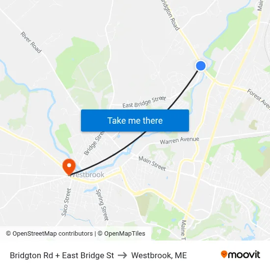 Bridgton Rd + East Bridge St to Westbrook, ME map
