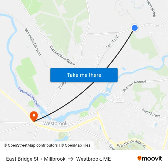 East Bridge St + Millbrook to Westbrook, ME map