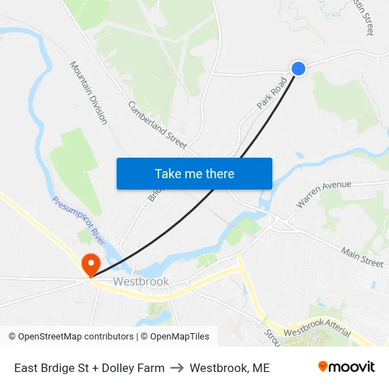 East Brdige St + Dolley Farm to Westbrook, ME map