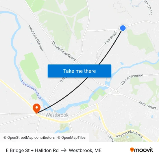 E Bridge St + Halidon Rd to Westbrook, ME map