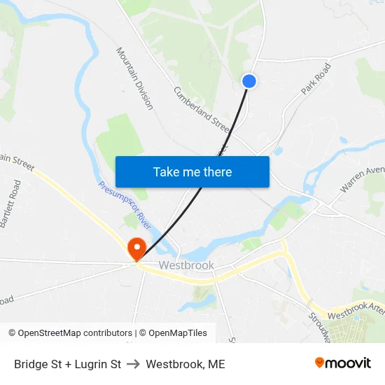 Bridge St + Lugrin St to Westbrook, ME map