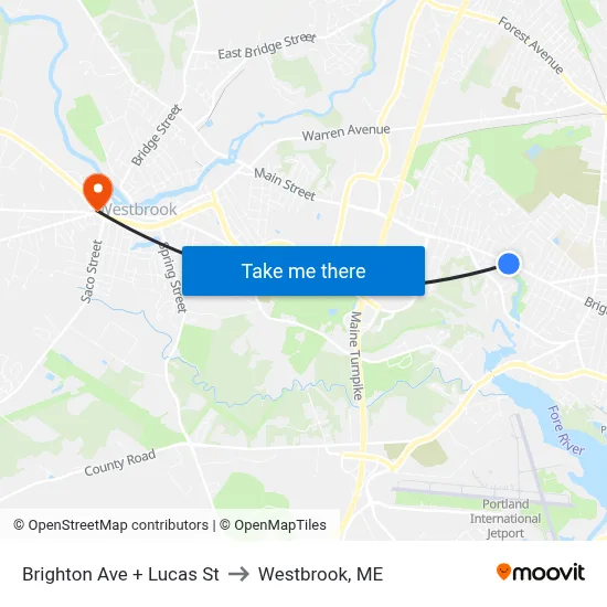 Brighton Ave + Lucas St to Westbrook, ME map