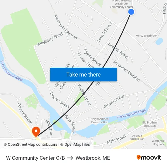 W Community Center O/B to Westbrook, ME map