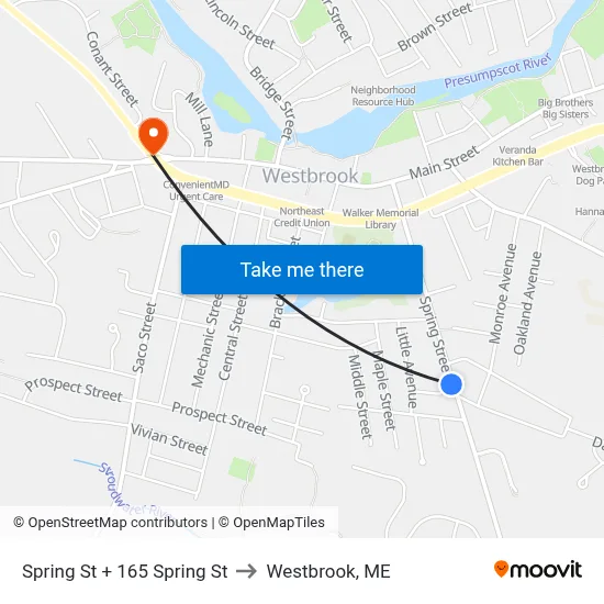 Spring St + 165 Spring St to Westbrook, ME map