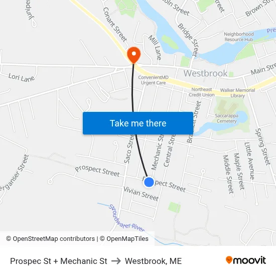 Prospec St + Mechanic St to Westbrook, ME map