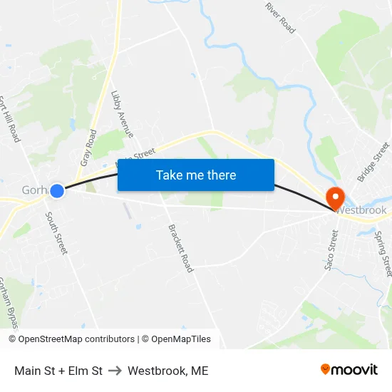 Main St + Elm St to Westbrook, ME map