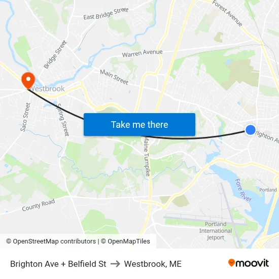 Brighton Ave + Belfield St to Westbrook, ME map