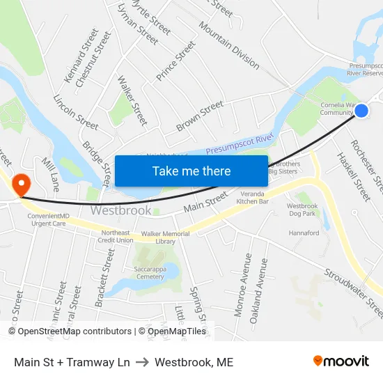 Main St + Tramway Ln to Westbrook, ME map